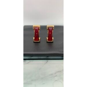 Vintage Foster Gold Tone Rectangle Cufflinks With Dark Red Cabochon Signed